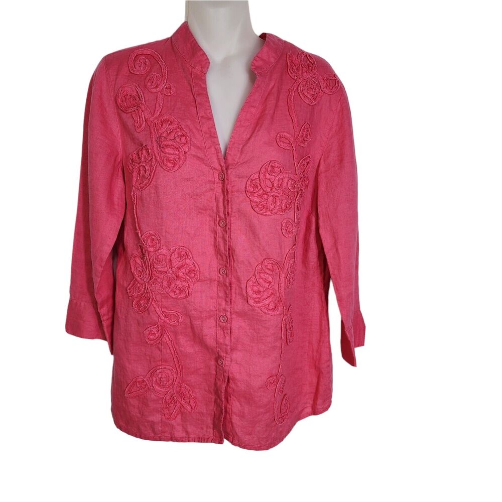 Charter Club Womens Top Size 4 Pink Button Floral Embroidered 100% Linen 3/4 Slv